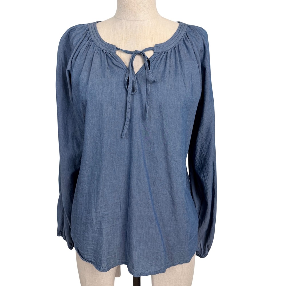 Chelsea & Theodore Blue Chambray‎ Peasant Blouse Tie Neck Cotton Lyocell Small